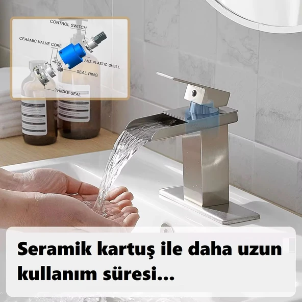 LAVABO BATARYASI INOX ŞELALE KARE GÖVDE EĞİMLİ HAVZA BANYO ARMATÜR ÇİFT GİRİŞ LÜKS ERGONAMİK MAT GRİ - 4