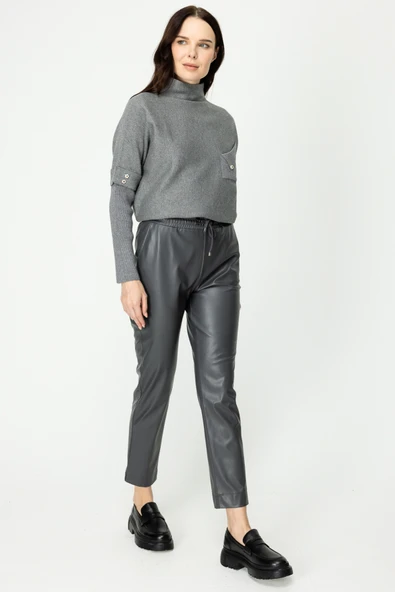 On Kadın Minimalist Deri Look Midi Pantolon - Yüksek Bel - Bağcıklı - Resim 2