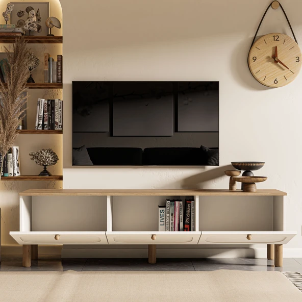 1280 Monza 180 Cm (Membran MDF Kapaklı) Bohem Tv Ünitesi Sepet-Beyaz - 6