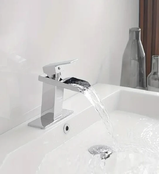 LAVABO BATARYASI KROM ŞELALE KARE GÖVDE EĞİMLİ HAVZA BANYO ARMATÜR ÇİFT GİRİŞ LÜKS ERGONAMİK - 4