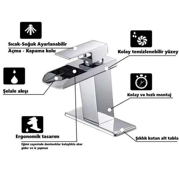 LAVABO BATARYASI KROM ŞELALE KARE GÖVDE EĞİMLİ HAVZA BANYO ARMATÜR ÇİFT GİRİŞ LÜKS ERGONAMİK - 3