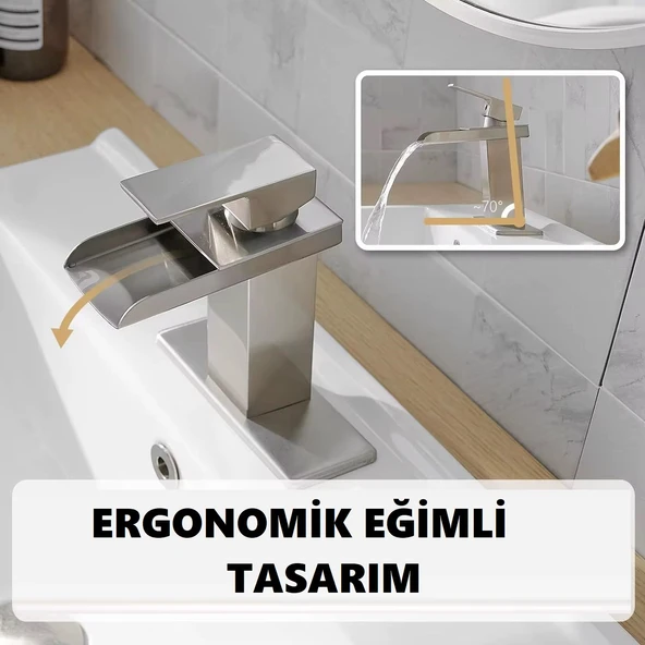 LAVABO BATARYASI INOX ŞELALE KARE GÖVDE EĞİMLİ HAVZA BANYO ARMATÜR ÇİFT GİRİŞ LÜKS ERGONAMİK MAT GRİ - 2