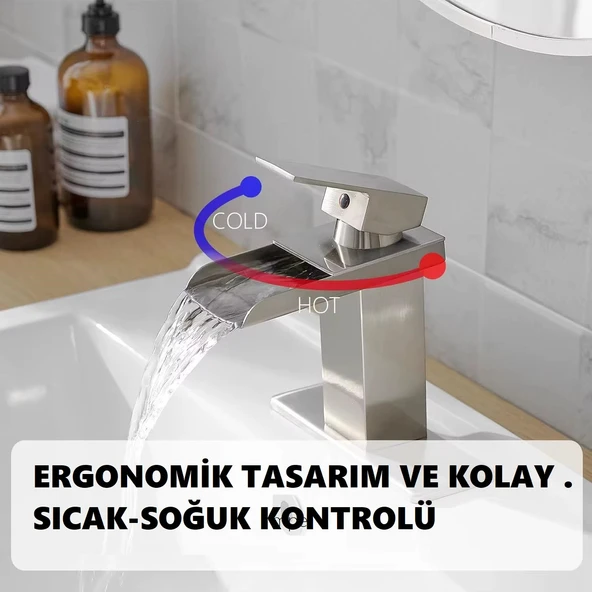 LAVABO BATARYASI INOX ŞELALE KARE GÖVDE EĞİMLİ HAVZA BANYO ARMATÜR ÇİFT GİRİŞ LÜKS ERGONAMİK MAT GRİ - 3