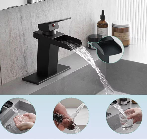 LAVABO BATARYASI MAT SİYAH ŞELALE KARE GÖVDE EĞİMLİ HAVZA BANYO ARMATÜR ÇİFT GİRİŞ LÜKS ERGONAMİK - 2