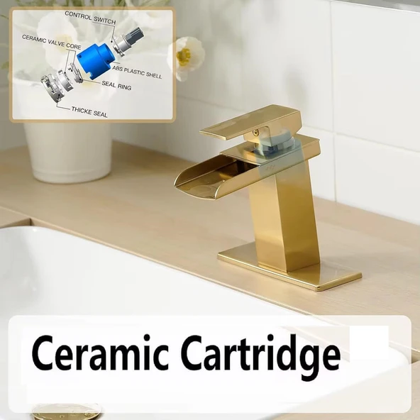 LAVABO BATARYASI MAT GOLD ŞELALE KARE GÖVDE EĞİMLİ HAVZA BANYO ARMATÜR ÇİFT GİRİŞ LÜKS ERGONAMİK - 5