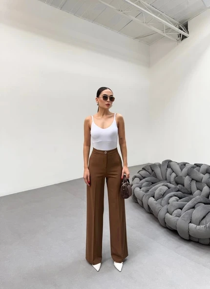 230 Gr Poly Viscose Lycra Metal Düğme Palazzo Pantolon - 4