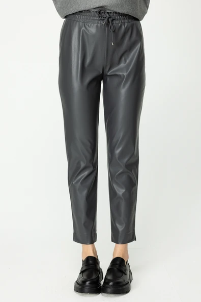 On Kadın Minimalist Deri Look Midi Pantolon - Yüksek Bel - Bağcıklı - Resim 3