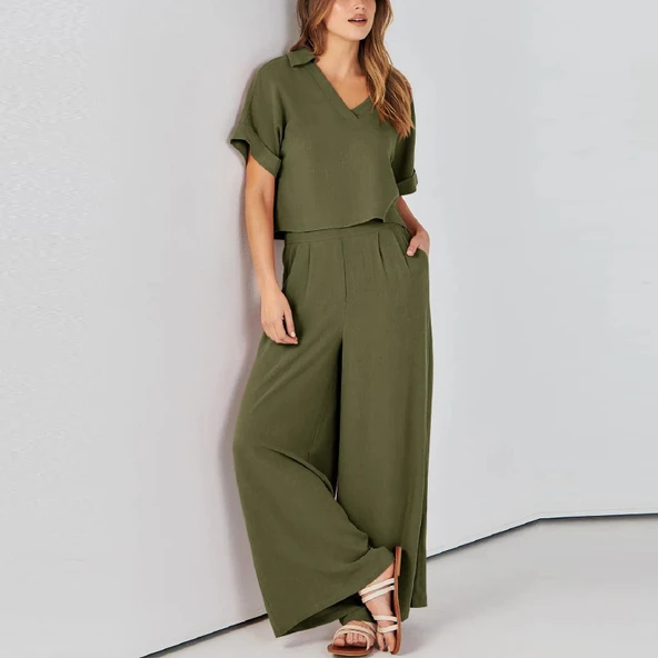 Kadin T-shirt ve Uzun Pantolon Alt Üst İkili Takım V Yaka Kısa Kollu Salaş Rahat Elbise ürün görseli 1