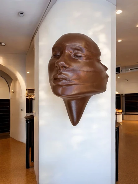 Soyut 3D Yüz Heykeli – Modern Duvar Sanatı | El Yapımı Dekoratif Mask | 48x32 cm Çağdaş Heykel Duvar Dekoru - 3