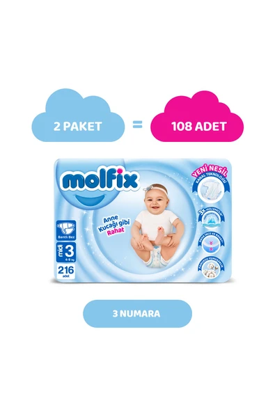 Molfix Bebek Bezi 3 Beden Midi Hiper Ekonomi Paketi 216 Adet - Resim 2