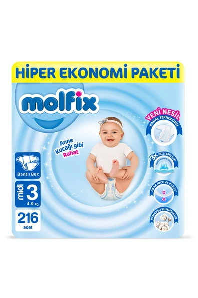 Molfix Bebek Bezi 3 Beden Midi Hiper Ekonomi Paketi 216 Adet ürün görseli 1
