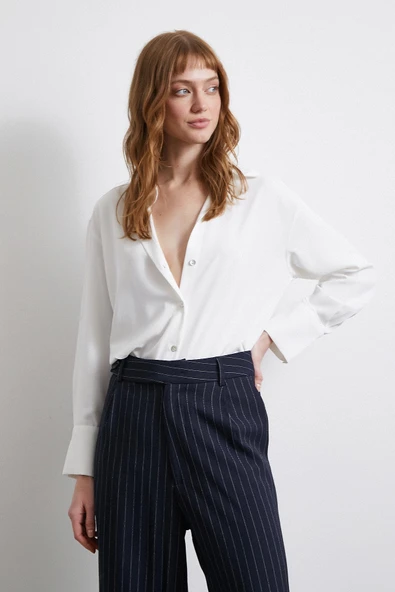 Klasik Saten Gömlek Ekru - Resim 5