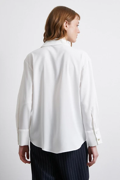 Klasik Saten Gömlek Ekru - Resim 3