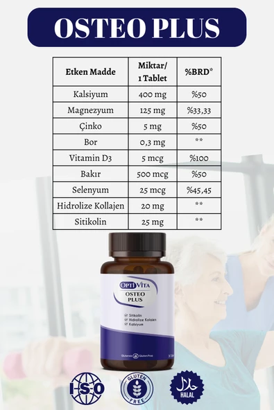 Optivita Osteo Plus 30 Tablet Kalsiyum, Magnezyum, Sitikolin, Kollajen, Çinko D Vitamini Çinko Bakır Selenyum - 3
