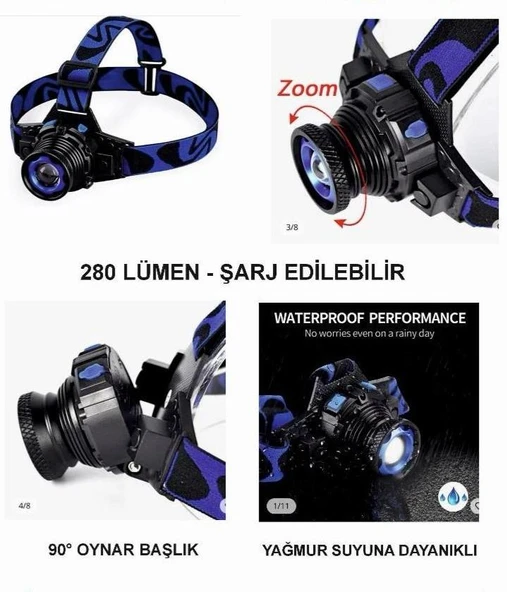 Focus Kafa Lambası 280 Lümen Şarjlı Su Geçirmez Zoomlu