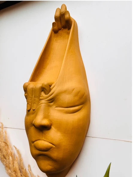 Soyut 3D Yüz Heykeli – Modern Duvar Sanatı | El Yapımı Dekoratif Mask | 48x18 cm Heykel Duvar Dekoru - 4