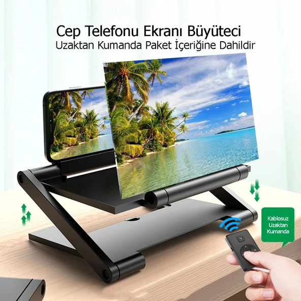 Monozone Uzaktan Kumandalı Telefon Ekran Büyüteci Katlanır  3D Telefon Büyütücü Projeksiyon HD - 9