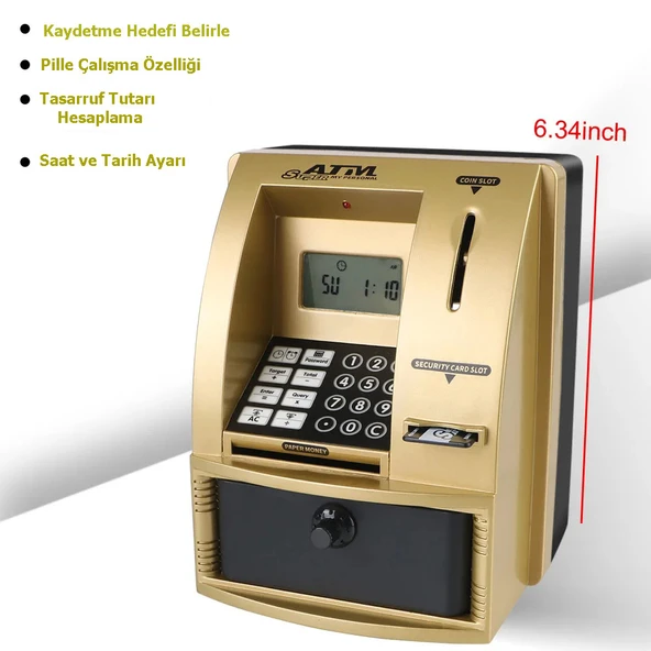 Monozone Şifreli Kumbara ATM Şekilli Eğitici Hesap Makinesi Sesli Komut LCD Ekran Saat Takvim Alarm - 9