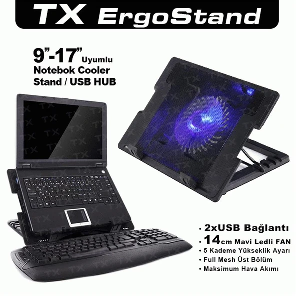 TX ACNBERGST ErgoStand 14cm Led Fan'lı 5 KademeLİ 2xUsb 9"-17" Notebook Soğutucu-Stand