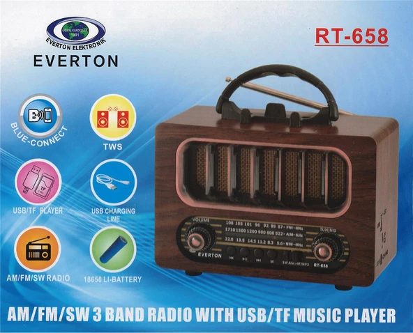 Everton Rt-658  Bluetooth Fm-Usb-Tf-Aux Şarjlı Nostaljik Radyo - 1