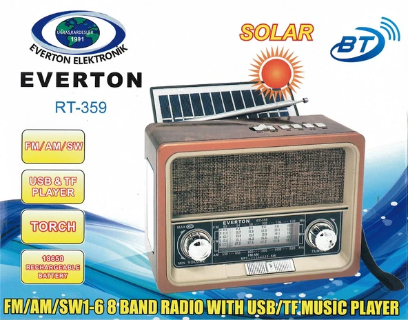 Everton RT-359 Fm-Am-Sw-Usb&Tf Player Güneş Enerjili Nostaljik Radyo