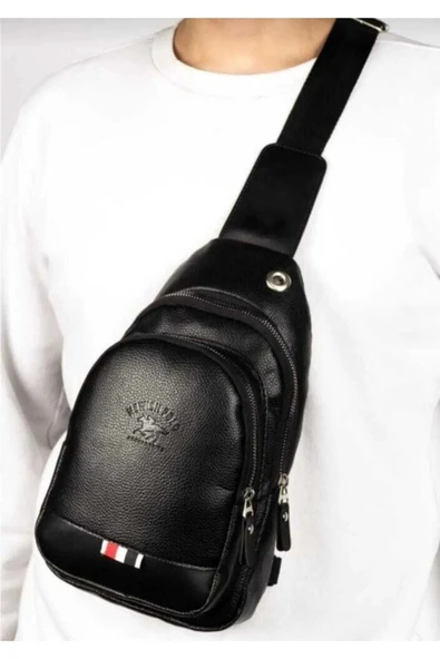 Siyah Unisex Suni Deri Usb Kulaklık Çıkışlı Çanta Bodybag Göğüs Ve Omuz Çantası - 5