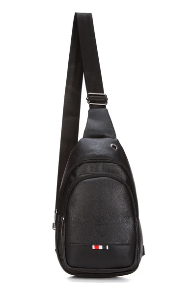 Siyah Unisex Suni Deri Usb Kulaklık Çıkışlı Çanta Bodybag Göğüs Ve Omuz Çantası - 4