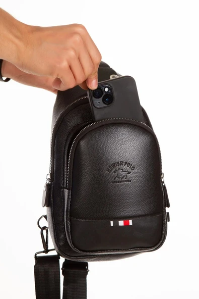 Siyah Unisex Suni Deri Usb Kulaklık Çıkışlı Çanta Bodybag Göğüs Ve Omuz Çantası - 8