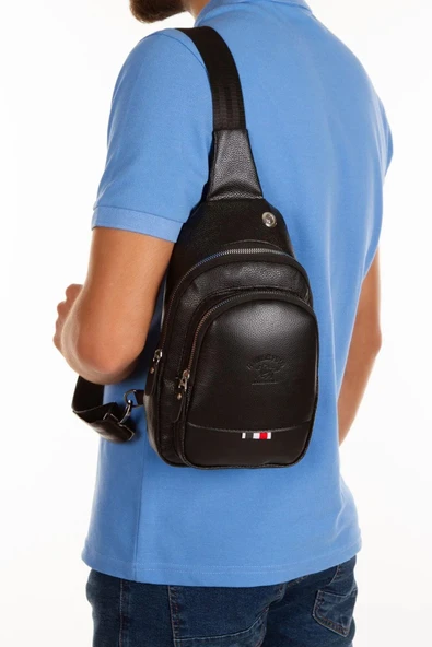 Siyah Unisex Suni Deri Usb Kulaklık Çıkışlı Çanta Bodybag Göğüs Ve Omuz Çantası - 2