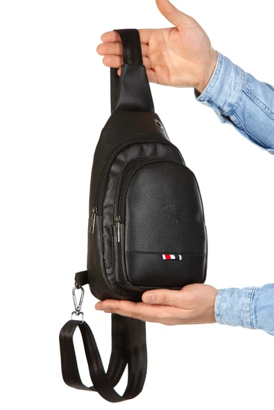 Siyah Unisex Suni Deri Usb Kulaklık Çıkışlı Çanta Bodybag Göğüs Ve Omuz Çantası - 7