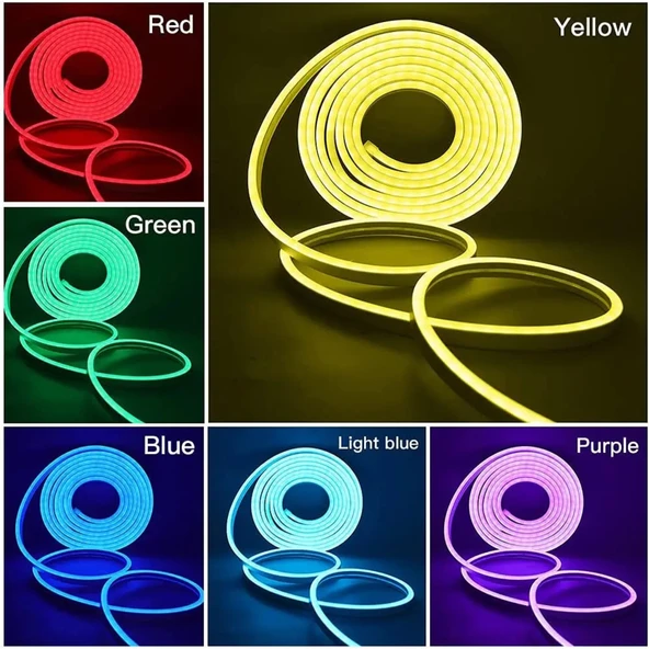 Neon LED şerit 5metre Buz Mavisi LED zincir bandı hortum esnek dekoratif aydınlatma ışık 12V 10W - 5