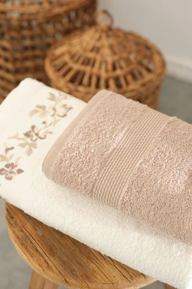 Karaca Home Flora Nakışlı Banyo/Yüz Havlusu Hamam Seti Bej 