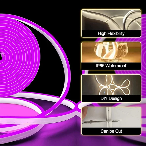 Neon LED şerit 5metre Buz Mavisi LED zincir bandı hortum esnek dekoratif aydınlatma ışık 12V 10W - 9