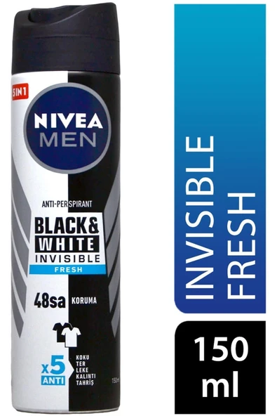 Nivea Men Erkek Sprey Deodorant Black & White Invisible Fresh 150Ml,48 Saat Anti-Perspirant Koruma