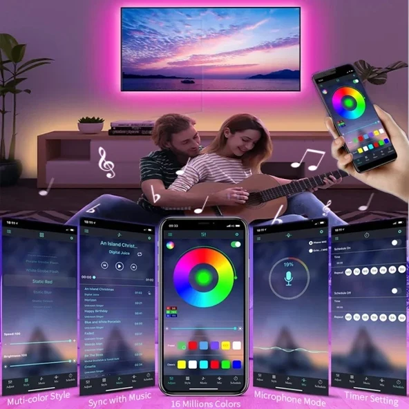 Rgb Şerit LED 5 Metre 5050 Smd/60LED Double Pcb tak çalıştır adaptörlü wifi bluetooth renkli kumanda dekoratif set esnek - 10