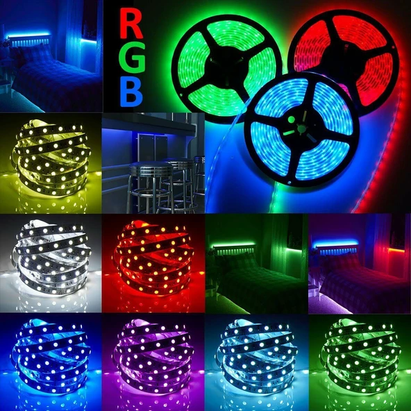 Rgb Şerit LED 5 Metre 5050 Smd/60LED Double Pcb tak çalıştır adaptörlü wifi bluetooth renkli kumanda dekoratif set esnek - 9