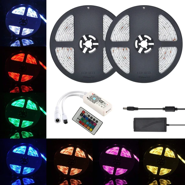 Rgb Şerit LED 5 Metre 5050 Smd/60LED Double Pcb tak çalıştır adaptörlü wifi bluetooth renkli kumanda dekoratif set esnek - 12