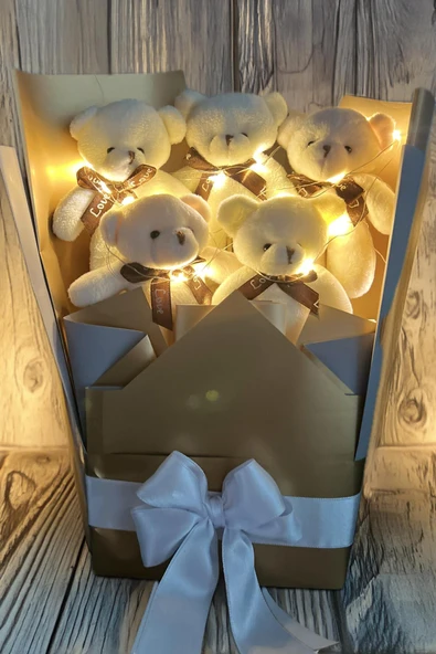 Sole Sevgiliye Özel Peri LED Işıklı Dore-Gümüş Konsept Romantik Peluş Ayıcık Buketi - 5