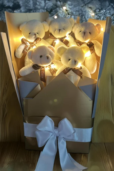 Sole Sevgiliye Özel Peri LED Işıklı Dore-Gümüş Konsept Romantik Peluş Ayıcık Buketi - 4