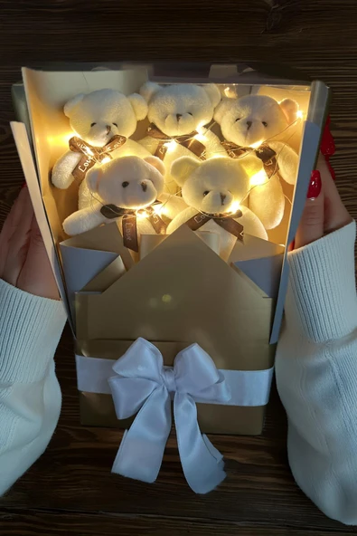 Sole Sevgiliye Özel Peri LED Işıklı Dore-Gümüş Konsept Romantik Peluş Ayıcık Buketi - 6