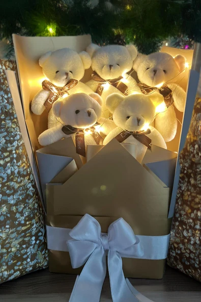 Sole Sevgiliye Özel Peri LED Işıklı Dore-Gümüş Konsept Romantik Peluş Ayıcık Buketi - 2