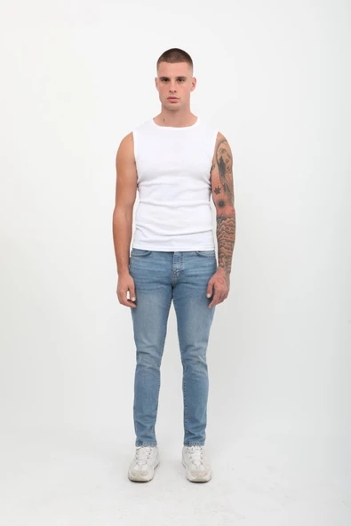 Erkek Skinny Fit Düşük Bel Dar Kesim Dar Paça Likralı Mavi Jean Pantolon - 2
