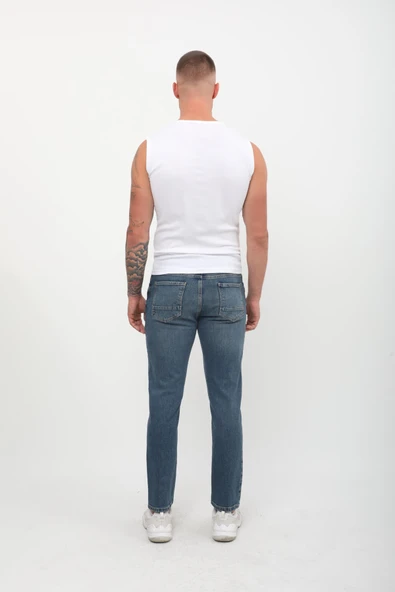 Erkek Slim Fit Normal Bel Düz Kesim Dar Paça Likralı İndigo Jean Pantolon - 3