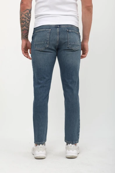Erkek Slim Fit Normal Bel Düz Kesim Dar Paça Likralı İndigo Jean Pantolon - 5