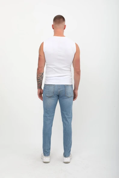 Erkek Skinny Fit Düşük Bel Dar Kesim Dar Paça Likralı Mavi Jean Pantolon - 4