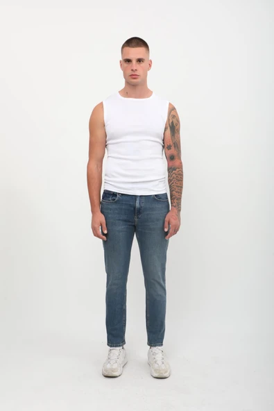 Erkek Slim Fit Normal Bel Düz Kesim Dar Paça Likralı İndigo Jean Pantolon - 2