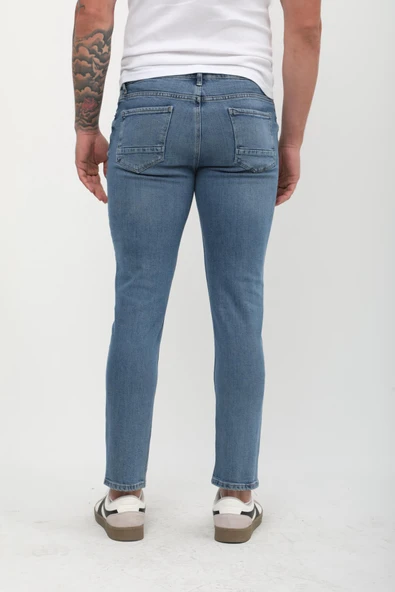 Erkek Slim Fit Normal Bel Düz Kesim Dar Paça Mavi Jean Pantolon - 5