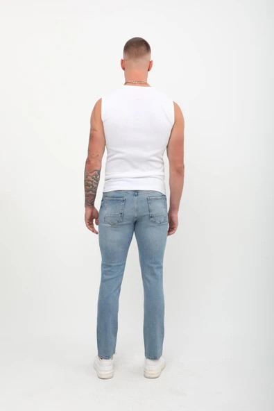Erkek Slim Fit Normal Bel Düz Kesim Dar Paça Likralı Mavi Jean Pantolon - 4