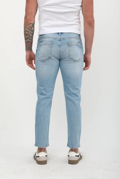Erkek Slim Fit Normal Bel Düz Kesim Dar Paça Likralı Açık Mavi Jean Pantolon - 5