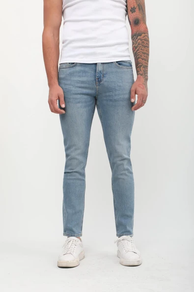 Erkek Slim Fit Normal Bel Düz Kesim Dar Paça Likralı Mavi Jean Pantolon - 4